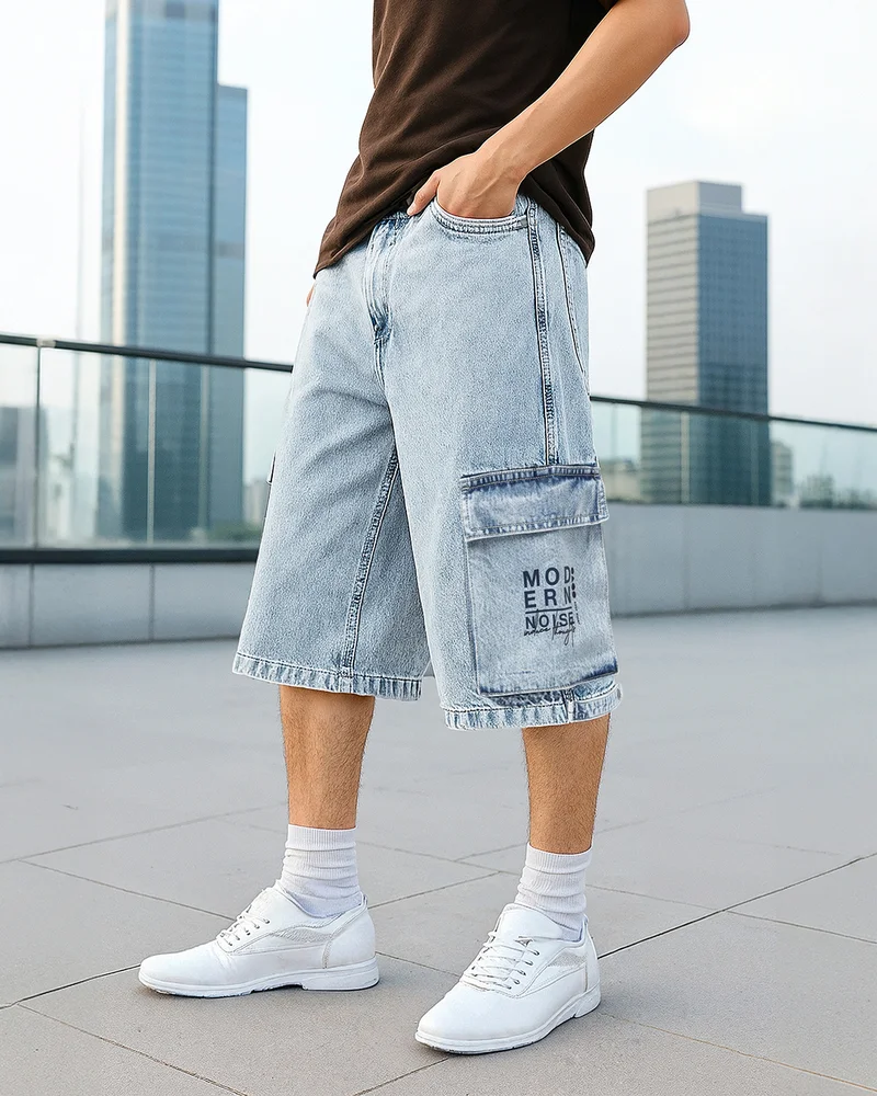 bewakoof Men's Light Blue Washed Baggy Fit Cargo Shorts